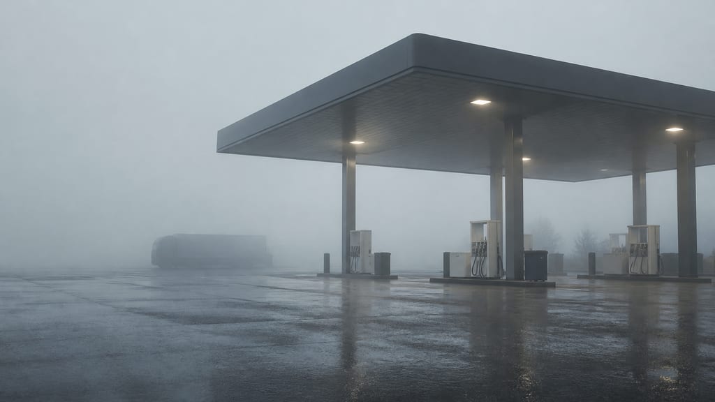 Aire d’autoroute dans le brouillard en France, station-service à peine visible — prix carburant TotalEnergies — Relais Total de Communay à Communay près d’une autoroute