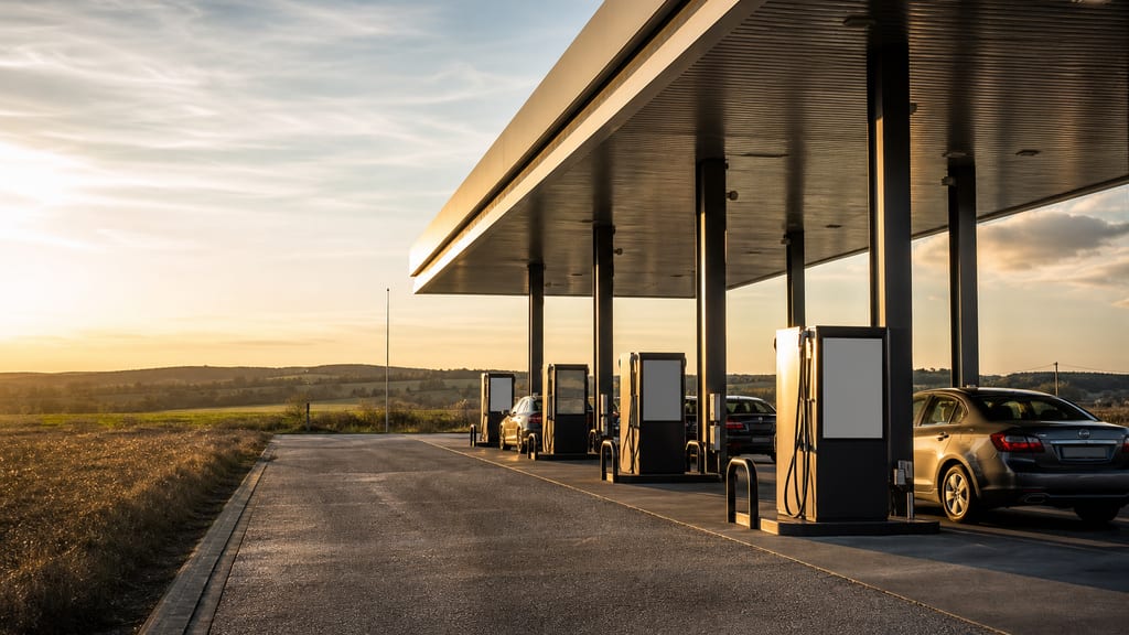 Aire d’autoroute au golden hour, station-service et file de véhicules anonymes en France — prix carburant Shell — Aire de Service - Autoroute A26 Sud à Charmont-Sous-Barbuise près d’une autoroute