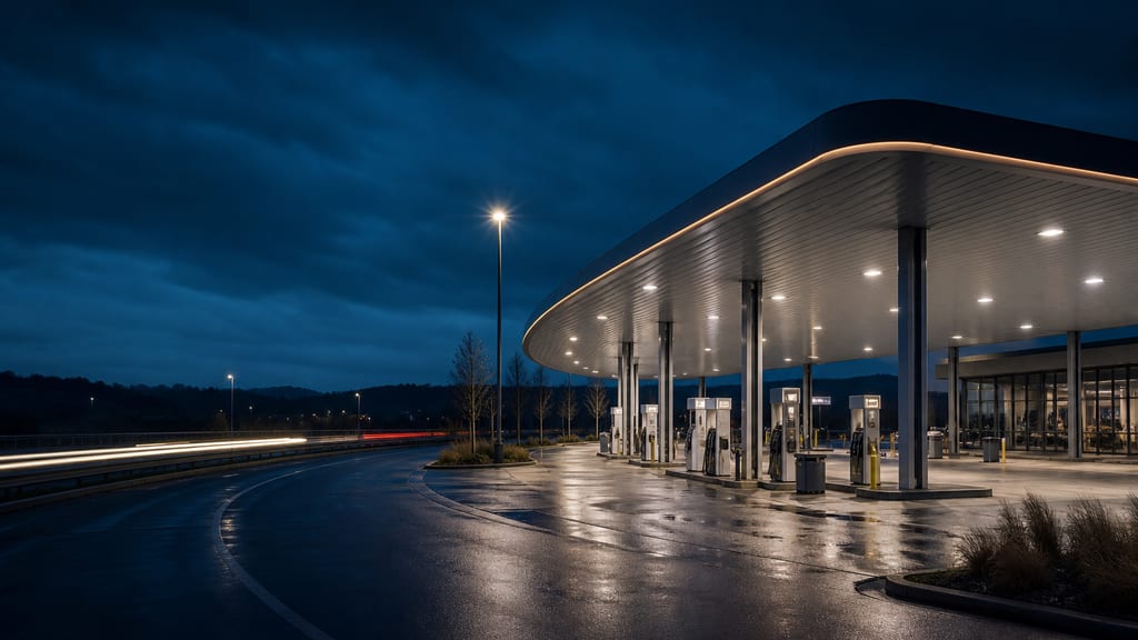 Aire d’autoroute française de nuit, station-service éclairée le long de la voie rapide — prix carburant Eni / Agip — Aire de Mouxy à Mouxy près d’une autoroute