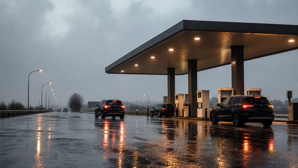Station-service d’aire d’autoroute sous la pluie en France, auvent et bitume mouillé — prix carburant Avia — Aire de Dole Audelange à Audelange près d’une autoroute