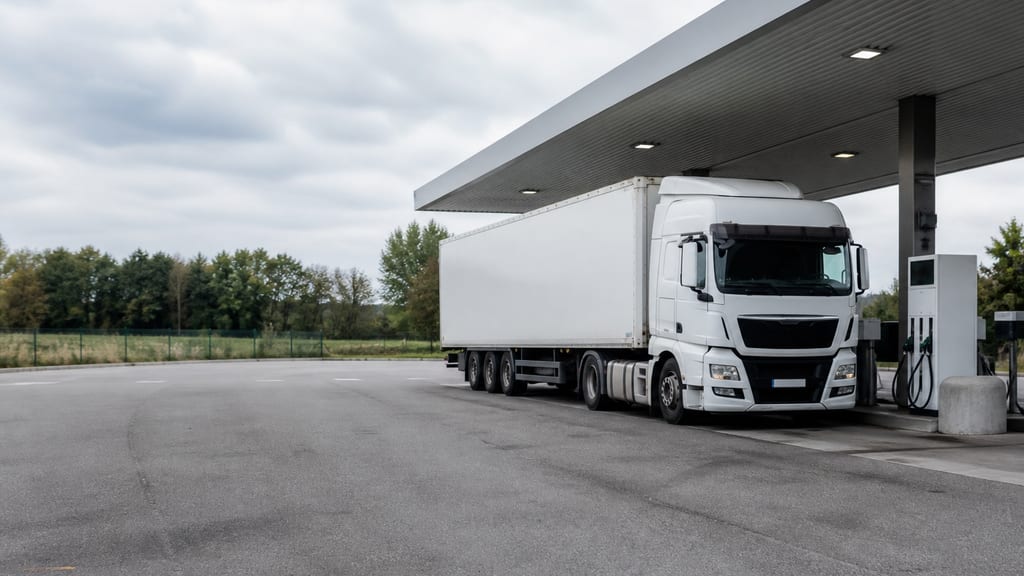 Poids lourd anonyme à une aire d’autoroute française près des pompes — prix carburant Eni / Agip — Aire de Lacq Audejos Nord à Lacq Audejos Nord - Artix près d’une autoroute