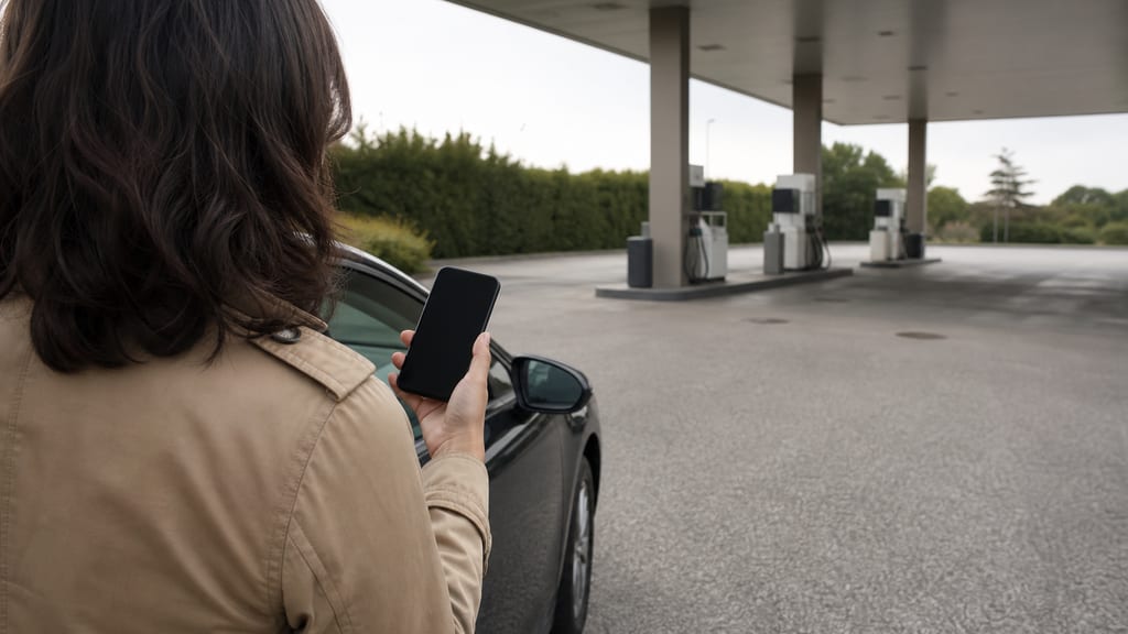 Automobiliste de dos consultant un téléphone à une station-service en France — prix carburant Esso — RN 193 Piscina à Lucciana en ville