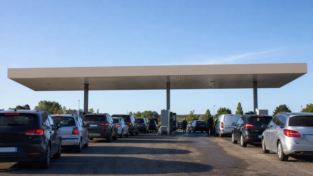 File de voitures anonymes attendant à une station d’hypermarché en France — prix carburant Intermarché — Rue Colonel Redoutey à Auxonne en grande surface