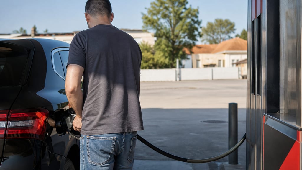 Automobiliste de dos faisant le plein dans une station française, voiture anonyme — prix carburant Esso — Route d'Argentan à Falaise en ville