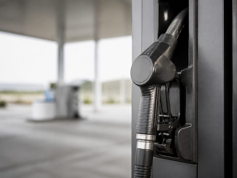 Détail d’une pompe à carburant moderne en station française, pistolet et tuyau (sans marquage) — prix carburant Esso — Avenue Antide Boyer à Aubagne