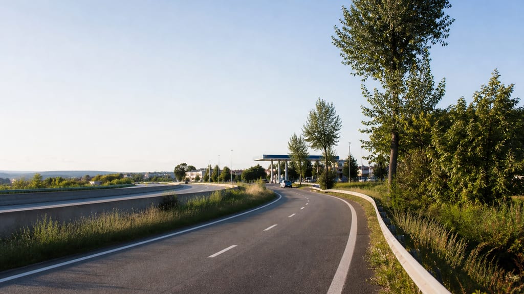 Sortie d’échangeur vers une station hors autoroute en France, paysage routier — prix carburant TotalEnergies — Autoroute A65 - Aire de l'Adour à Aire-sur-L'Adour près d’une autoroute
