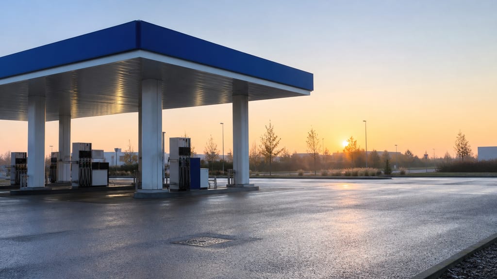 Station essence grande surface le matin en France, lumière douce et parking encore calme — prix carburant Carrefour — Av de la 1ere Armee Francaise, Carrefour Contact à Lancon-Provence en grande surface