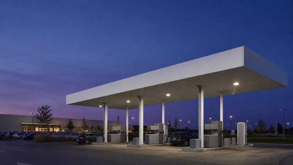 Station essence d’hypermarché en soirée en France, parking et lumières d’auvent — prix carburant Carrefour — Avenue de Marboz à Bourg-en-Bresse en grande surface