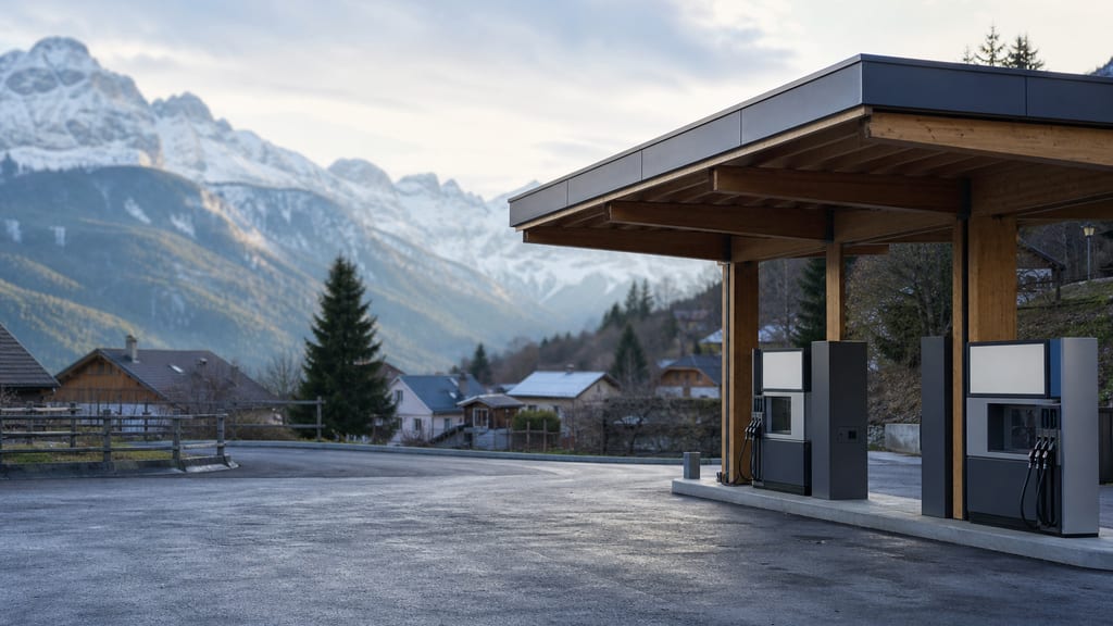 Station-service de montagne en France, relief et auvent sous ciel clair — prix carburant Colruyt — Impasse de la Chevu à Arcey en ville