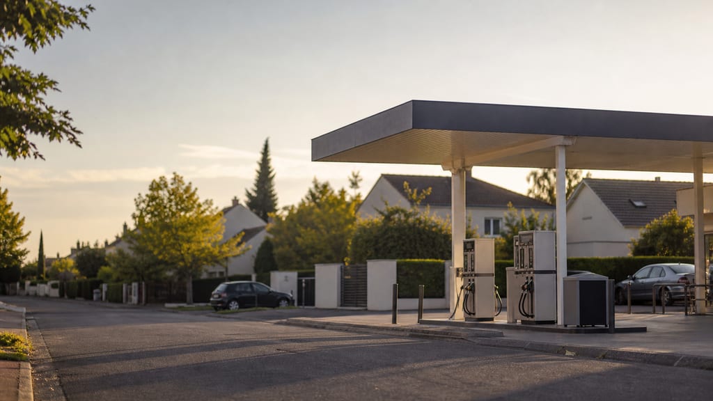 Station-service de quartier résidentiel en France, arbres et maisons en arrière-plan — prix carburant TotalEnergies — Avenue de Decazeville à Rodez en ville