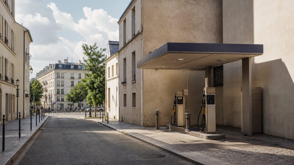 Petite station-service en centre-ville français, rues étroites et façade urbaine — prix carburant TotalEnergies — Route de Dijon à Ville Sous la Ferte en ville