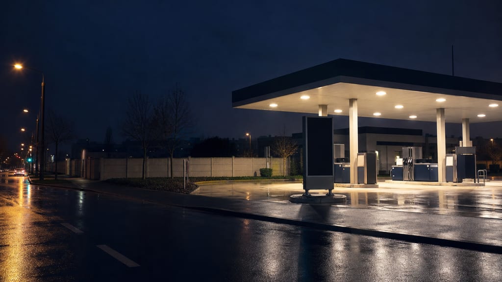 Station-service urbaine de nuit en France, lumières sous l’auvent et rue humide — prix carburant TotalEnergies — Cours Jean de Vienne à Honfleur en ville